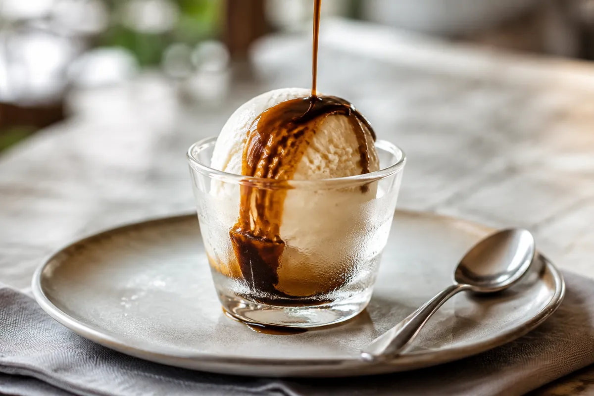 Hot espresso forming a glossy sauce over one firm scoop of vanilla gelato
