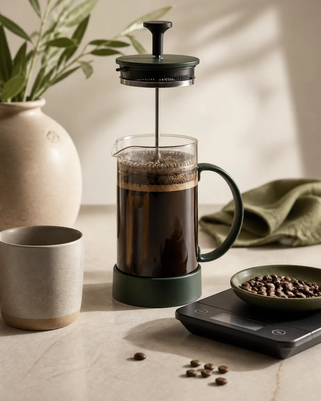 A French press part way through brewing