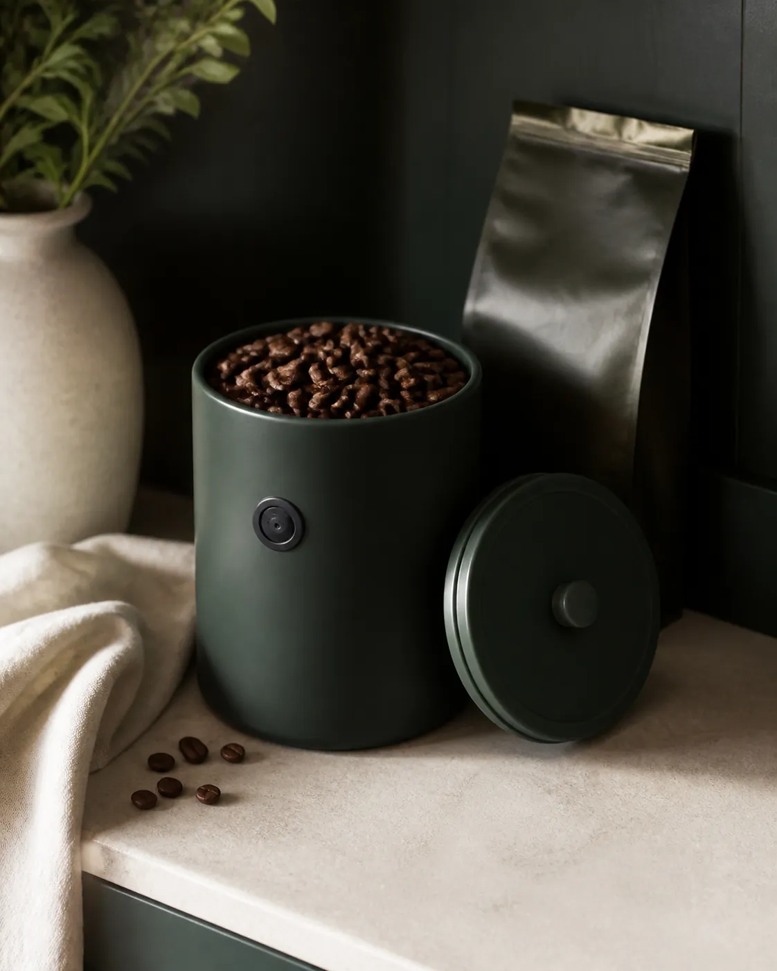 Whole coffee beans in an airtight container