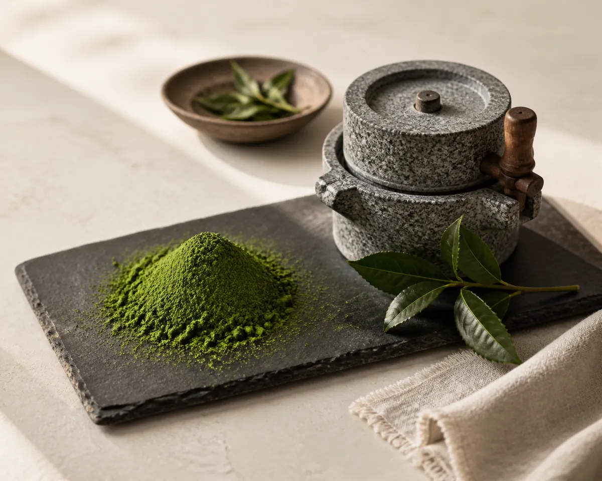 Bright green matcha powder in a bowl
