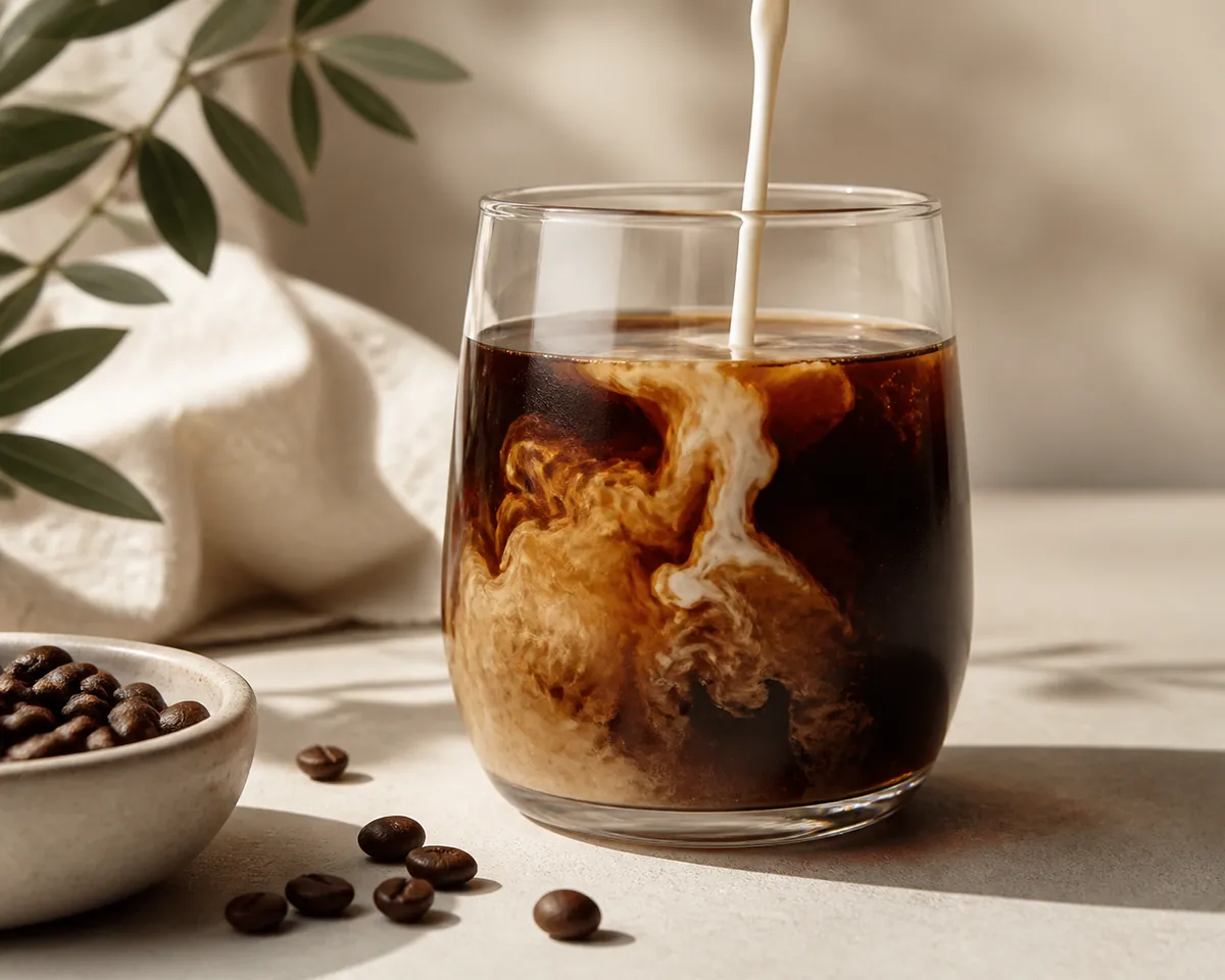 Plant milk poured into black coffee
