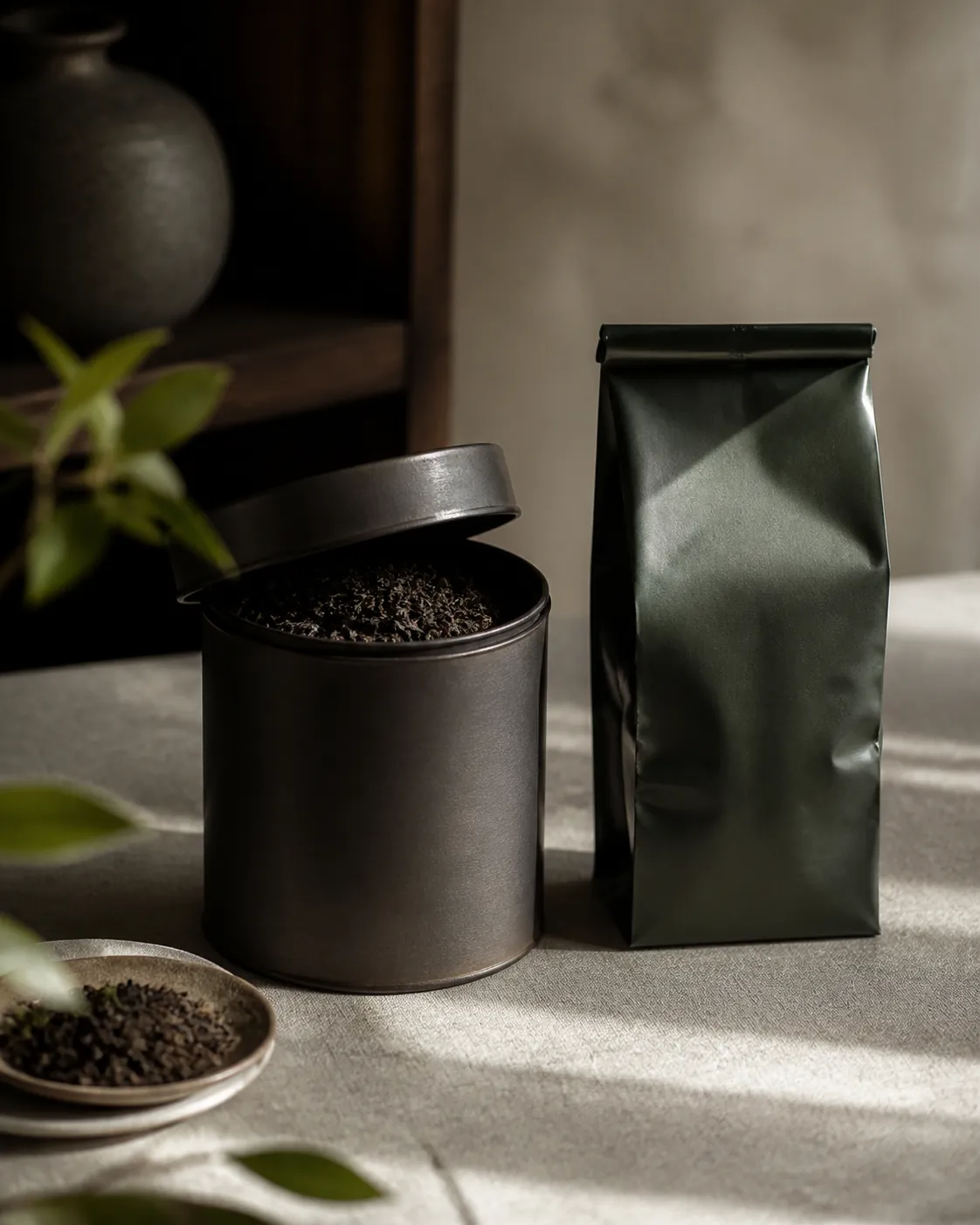 Tea leaves in a sealed storage tin